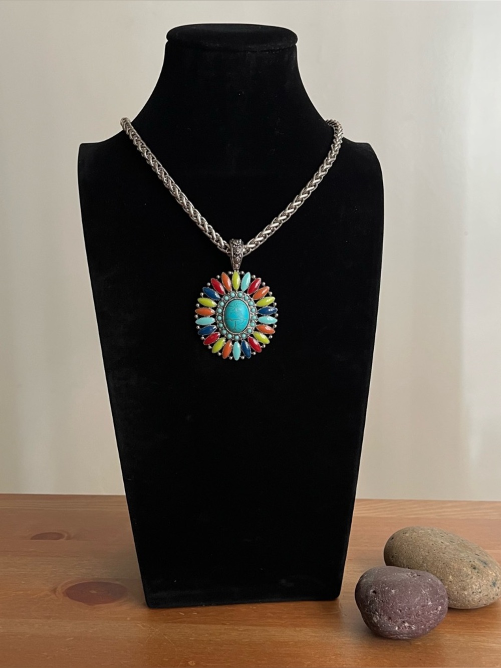 Southwestern-style necklace and pendant  with a flower blossom design boho